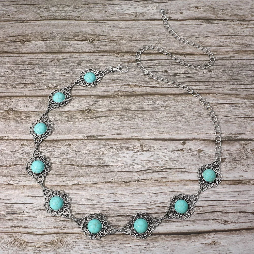 Turquoise & Silver Western Stone Concho Chain Statement Belt